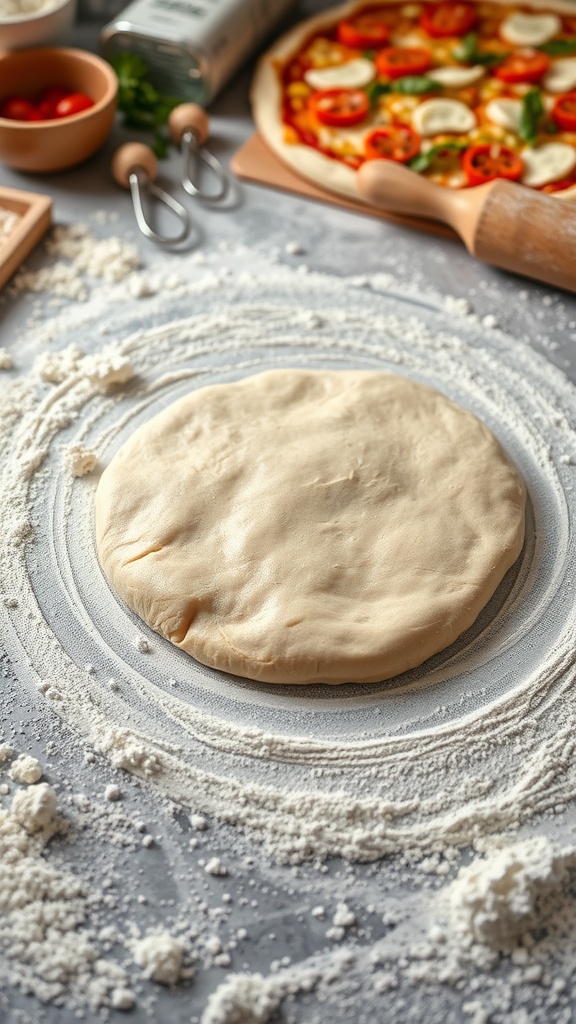 Rolled out all-purpose dough on a floured surface, with a rolling pin and ingredients around.